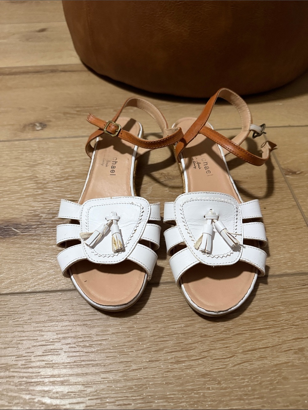 Eric Michael White and Tan Leather Tassel Sandals